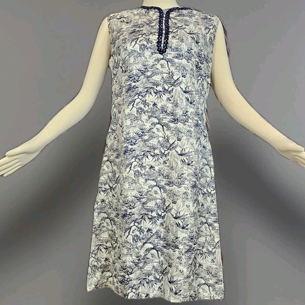 Vintage 1960's Dress Shift Mod Floral Blue Cream  Trim at Neckline  Housedress
